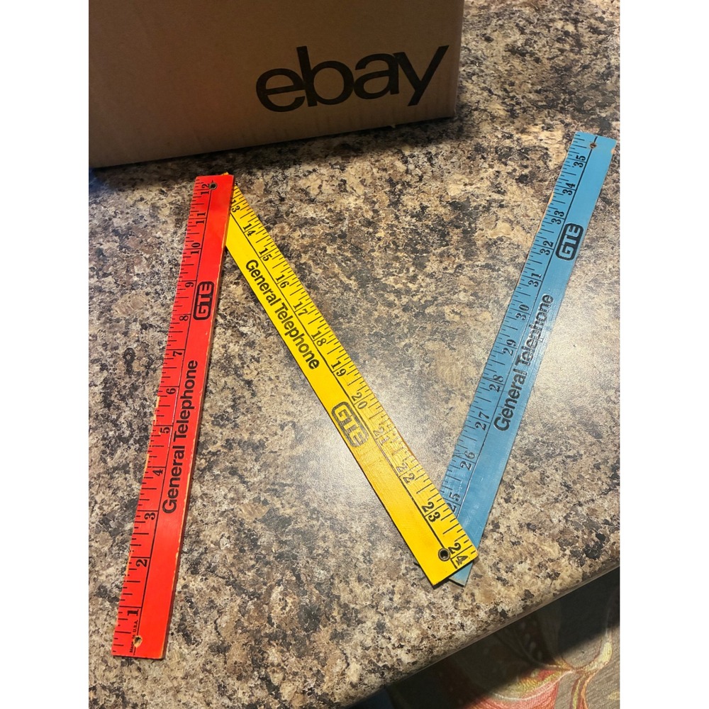 Vintage GTE General Telephone Folding Wooden Yardstick Ruler Red Yellow Blue 36"